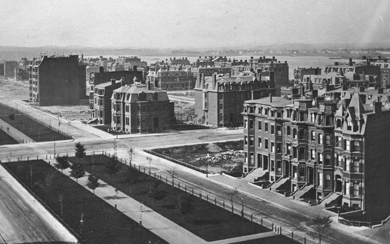 The Commonwealth Avenue Mall in a photo dating from the late 1870s, when the Back Bay reclamation project was still in progress. (Photo courtesy of the Boston Public Library, Print Deparment)