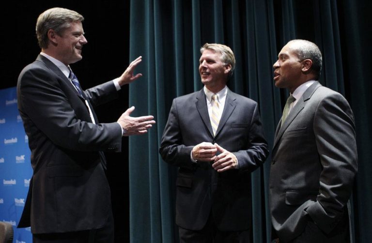 Charles Baker, Timothy Cahill and Gov. Deval Patrick at the Massachusetts gubernatorial debate at Suffolk University in Boston on Monday. Jill Stein (not pictured) also took part in the debate. (AP)