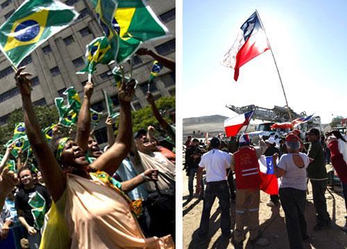 Left: People celebrate in downtown Sao Paulo (AP); Right: Relatives of trapped miners wave Chilean flags, Aug. 24, 2010. (AP)