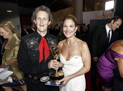 Temple Grandin and producer Emily Gerson Saines collect the Emmy award for outstanding made for TV movie for &quot;Temple Grandin.&quot; (AP)