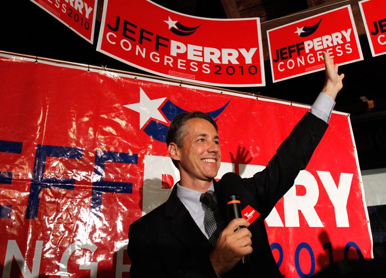 Rep. Jeff Perry announced victory in the 10th Congressional District Republican primary in Plymouth on Tuesday. (AP)