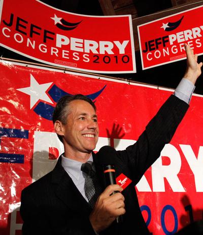 Rep. Jeff Perry announces victory in the 10th Congressional District Republican primary in Plymouth on Tuesday. (AP)