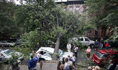 Residents in the Park Slope neighborhood of Brooklyn circle around damage from Thursday's storm. (AP)