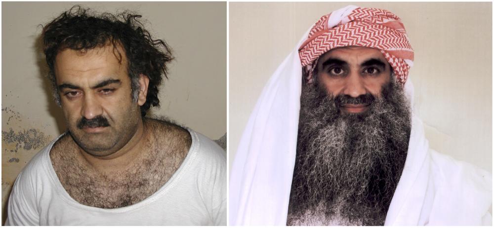 At left a March 1, 2003 photo obtained by the AP shows Khalid Sheikh Mohammed, the alleged Sept. 11 mastermind, shortly after his capture during a raid in Pakistan. At right, a photo downloaded from the Arabic language Internet site www.muslm.net, purportedly taken in July 2009 by the International Committee of the Red Cross (ICRC) and released only to the detainee's family. (AP)