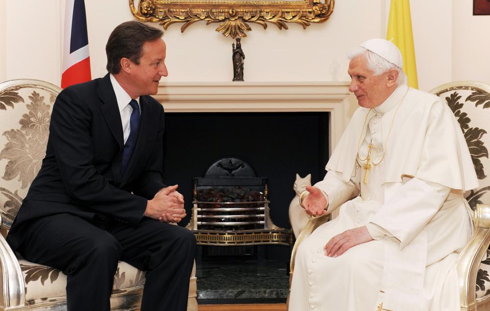 Pope Benedict XVI, right, during a meeting with Britain's Prime Minister David Cameron, at Archbishop's House, near Westminster Cathedral in central London, Saturday. (AP Photo/ Stefan Rousseau, Pool)