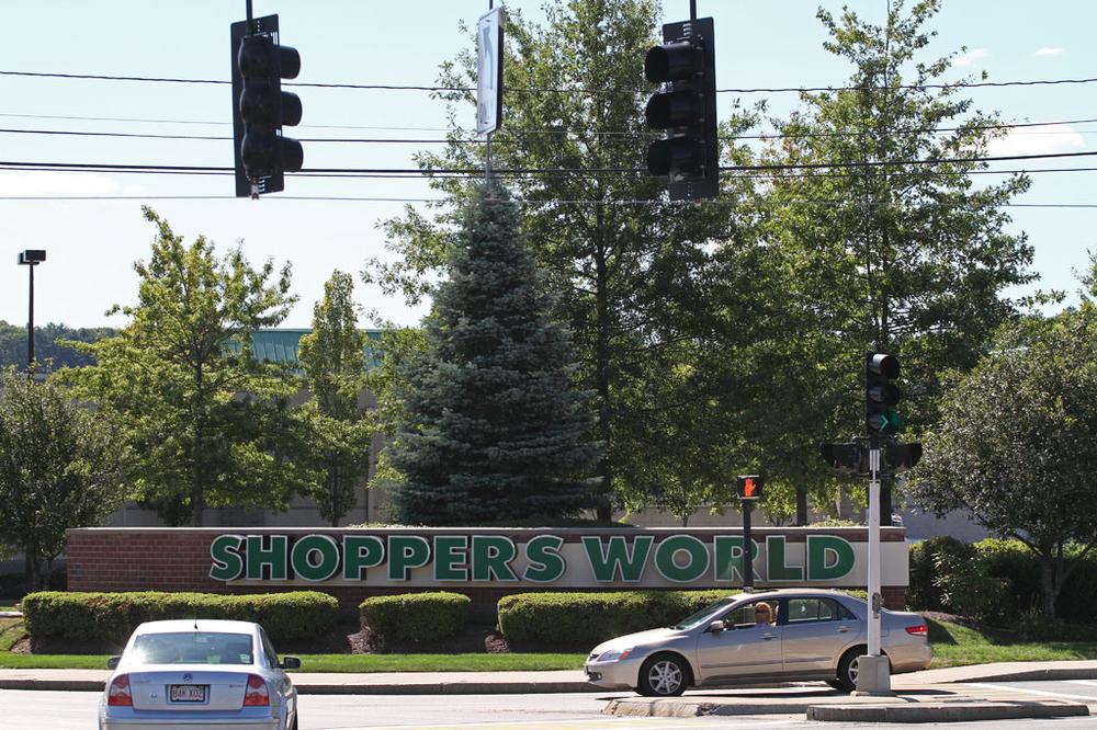 Shoppers World is a sprawling mall in Framingham at the Natick line. (Andrew Phelps/WBUR)