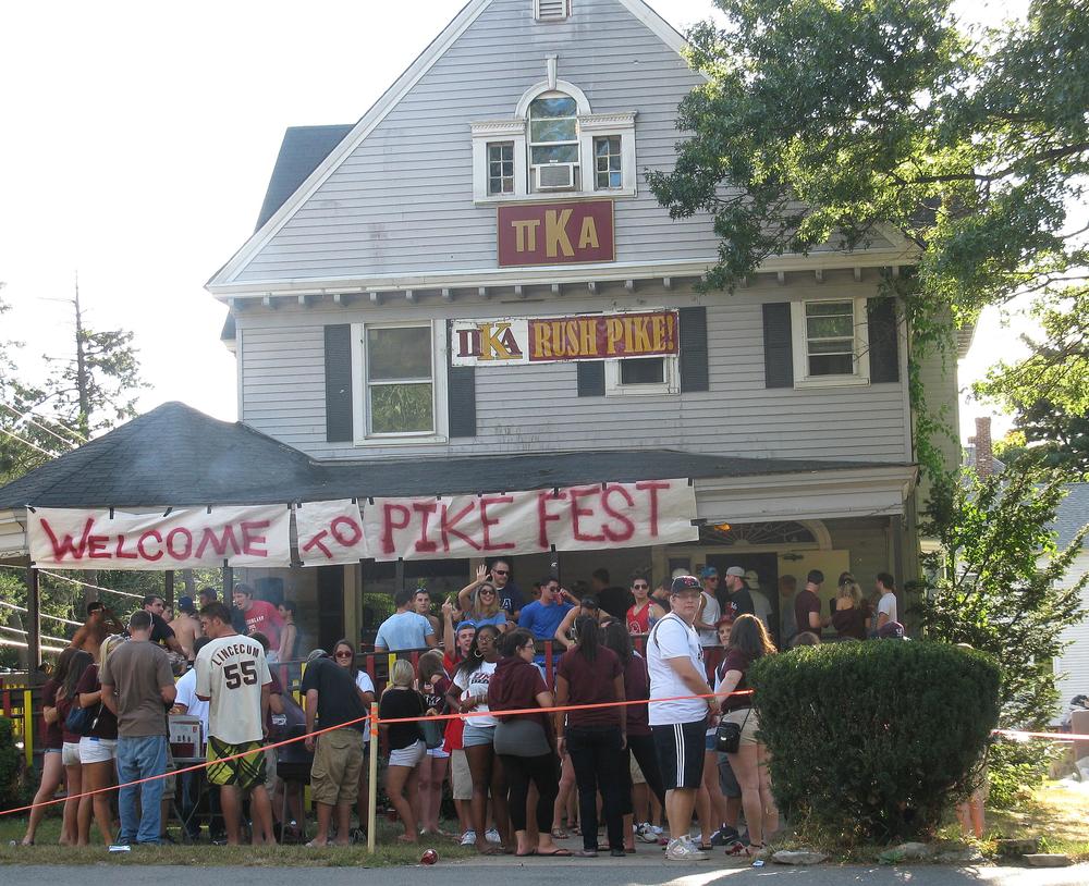 A fraternity party at Pi Kappa Alpha house on N. Pleasant Street in Amherst (Deborah Becker/WBUR)