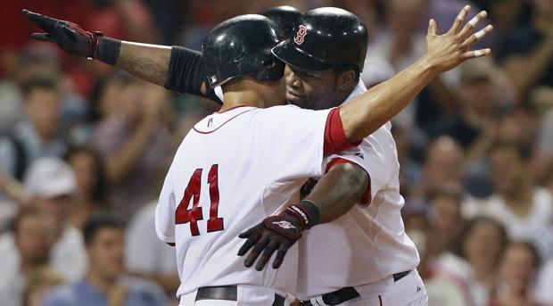 oston Red Sox designated hitter David Ortiz, right, celebrates his three-run home run with Victor Martinez (41), off Baltimore Orioles pitcher Kevin Millwood in the fourth inning of a baseball game at Fenway Park in Boston on Wednesday. (AP)