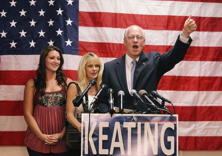 Democratic congressional candidate William Keating addresses supporters during his primary night victory campaign rally in Quincy, Tuesday, Sept. 14, 2010. Keating's wife Tevis, center, and daughter Kristen, look on.(AP)
