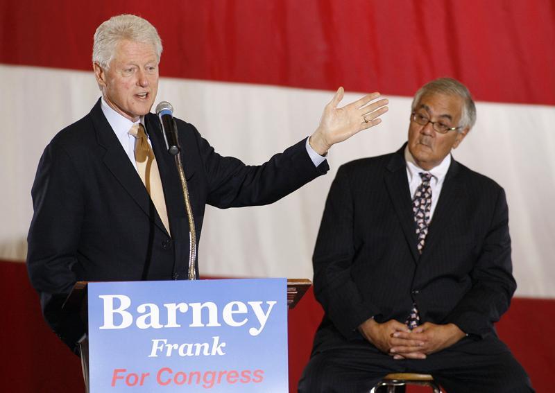 Former President Clinton, left, speaks at a campaign rally for Rep. Barney Frank, D-Mass., Sunday in Taunton. (AP)