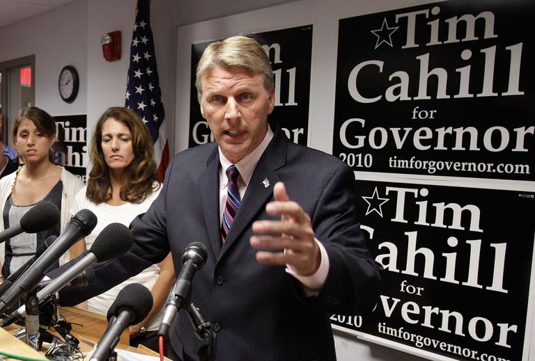 Independent gubernatorial candidate Timothy Cahill speaks during a news conference at his campaign headquarters in Quincy on Friday. (AP)