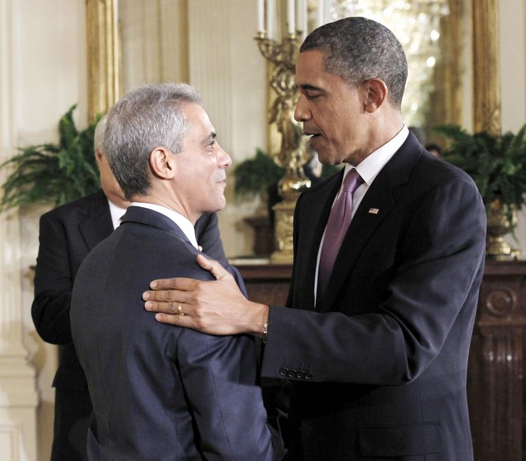 President Barack Obama talks with his outgoing White House Chief of Staff Rahm Emanuel. (AP)