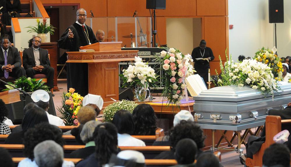 Bishop John Borders delivered a eulogy Wednesday during the funeral for Eyanna Flonory and her son, Amani Smith, at Morning Star Baptist Church in Mattapan. (Pool photo by Ted Fitzgerald via AP)