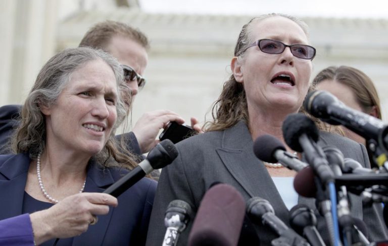 Margie Phelps, right, and Shirley Phelps-Roper of the Westboro Baptist Church, speak in front of the Supreme Court. (AP)
