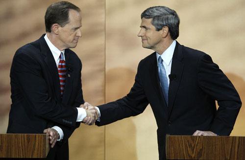 Pennsylvania Senate candidates Republican Pat Toomey, left, and Democratic Rep. Joe Sestak, D-Pa., participate in a debate in Philadelphia, Oct. 20, 2010. (AP)