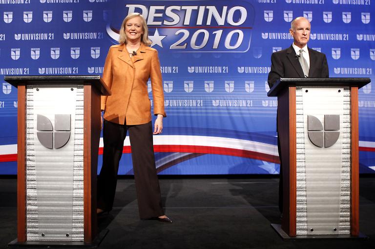 Candidates for governor in California, Republican Meg Whitman, left, and Democrat Jerry Brown at a debate in Fresno, Calif. (AP)