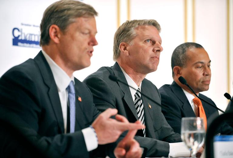 From left, Republican Charlie Baker, independent Treasurer Tim Cahill and Democratic Gov. Deval Patrick participate in a debate in Boston on Wednesday. (AP)