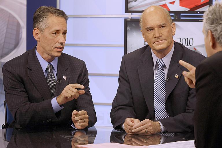 Rep. Jeff Perry, the Republican candidate for the Massachusetts 10th Congressional District, left, and Democratic Norfolk County District Attorney Bill Keating, take part in a debate Wednesday night. (AP)