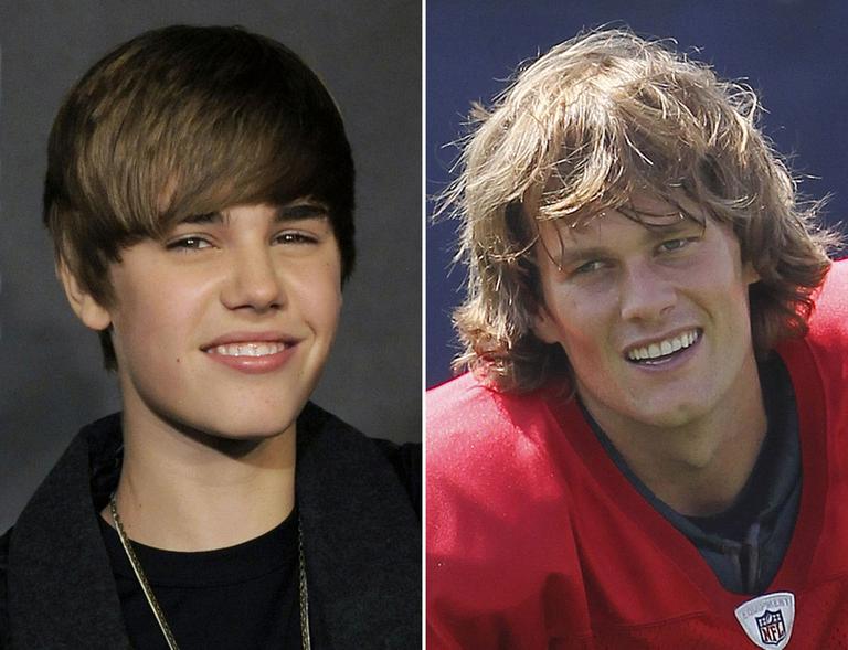 Pop sensation Justin Bieber, left, and New England Patriots quarterback Tom Brady. (AP)