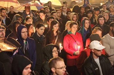 The crowd at a vigil for LGBT Suicide Victims outside the Massachusetts State House on October 5. (Courtesy of Join The Impact MA)