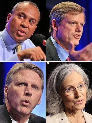 The candidates for governor, from top-left, clockwise: Gov. Deval Patrick, Charlie Baker, Jill Stein and Tim Cahill. (AP)