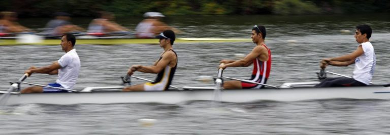 Iraqi rowers Hamzah Alhilfi, left, Ahmed Haily, Ahmed Zaidan, and Mohammed Aljuboori, practice Sept. 28, 2010, on Lake Carnegie in Princeton, N.J.  (AP)