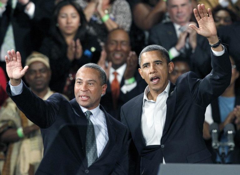 President Barack Obama and Massachusetts Gov. Deval Patrick wave to the crowd during a campaign rally for Patrick at the Hynes Convention Center in Boston, Saturday, Oct. 16, 2010. (AP)