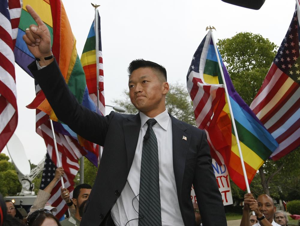 Former Army National Guard Lt. Dan Choi, an Arabic-speaking specialist dismissed through the &#039;Don&#039;t Ask, Don&#039;t Tell&#039; policy, comments on Proposition 8, outside the Beverly Hills hotel in this 2009 file photo. (AP)