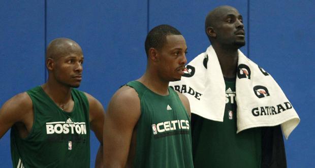 Boston Celtics Ray Allen, Paul Pierce and Kevin Garnett (left to right) during their practice at the team's training camp at Salve Regina University in Newport, R.I., Tuesday, Sept. 28, 2010.(AP Photo/Charles Krupa)