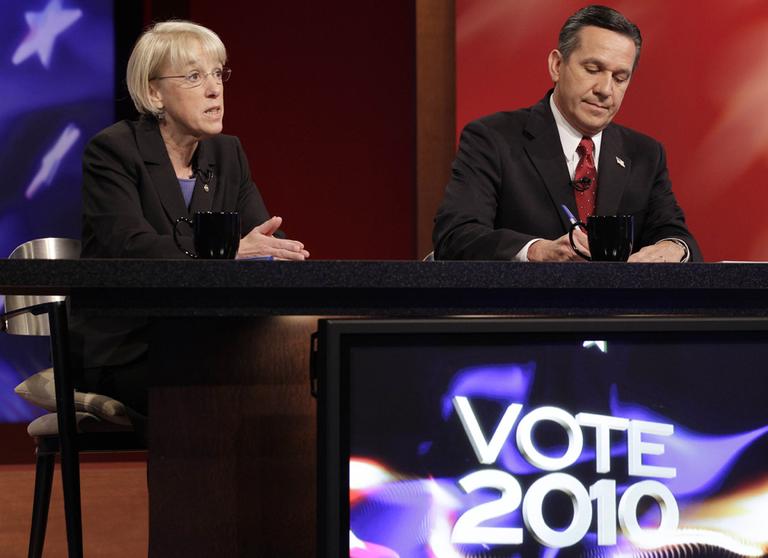 U.S. Sen. Patty Murray,left, and and Republican challenger Dino Rossi take part in a debate Sunday, Oct. 17 in Seattle. (AP)