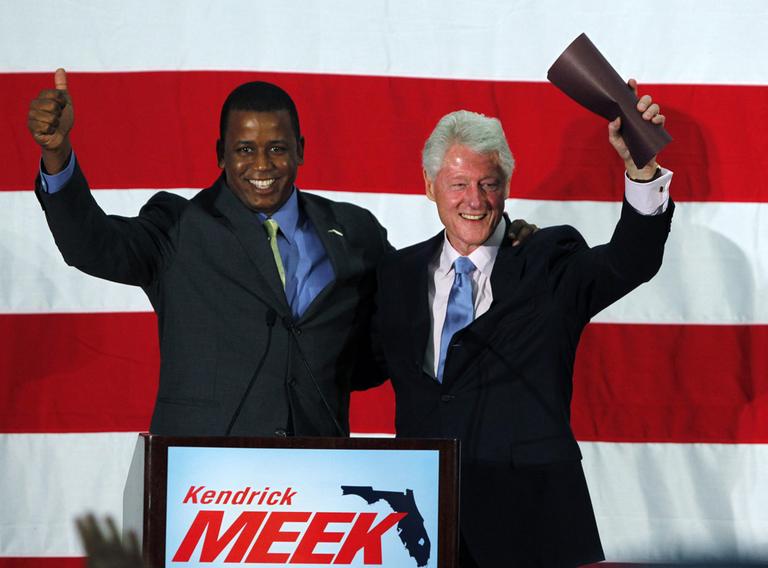Fla. Senate candidate U.S. Rep. Kendrick Meek,  left, and former President Bill Clinton, at a rally for Meek in August. (AP)