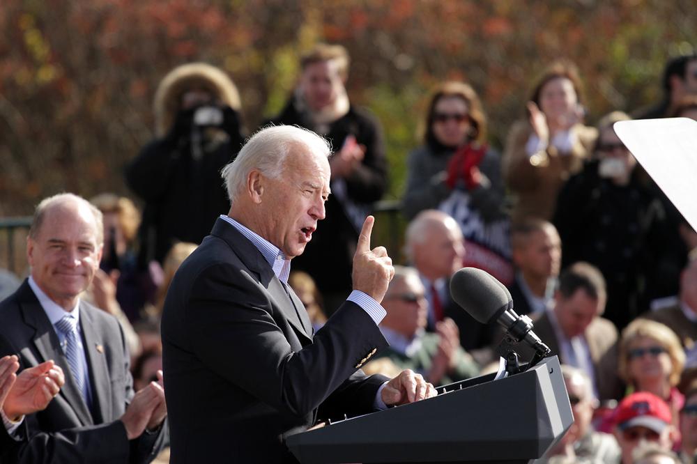 Vice President Joe Biden spoke at a rally for Democratic congressional candidate William Keating, left, in Quincy on Saturday. (Andrew Phelps/WBUR)