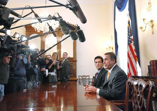 House Republican leader John Boehner of Ohio, right, accompanied by House GOP Whip Eric Cantor of Va., on Capitol Hill, Nov. 3, 2010. (AP)