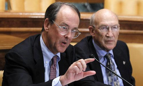 Erskine Bowles, left, accompanied by former Wyoming Sen. Alan Simpson, co-chairmen of the bipartisan deficit commission, Nov. 10, 2010. (AP)