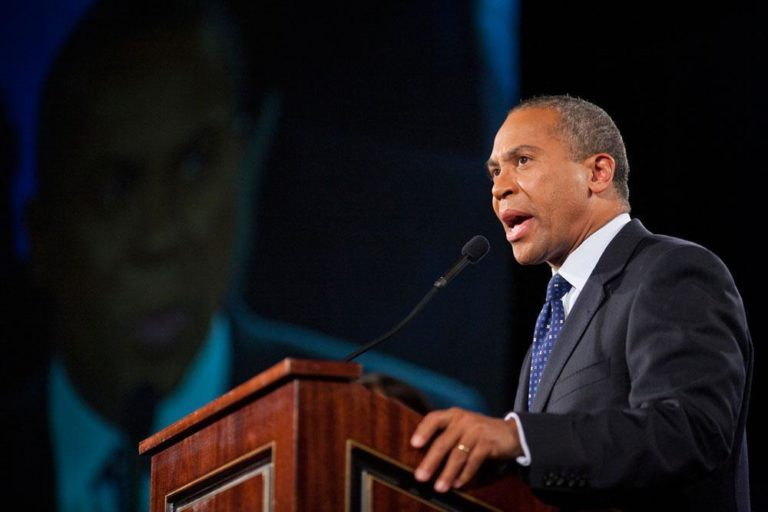 Gov. Deval Patrick declared re-election victory Tuesday night at the Park Plaza Hotel in Boston. (Dominick Reuter for WBUR)