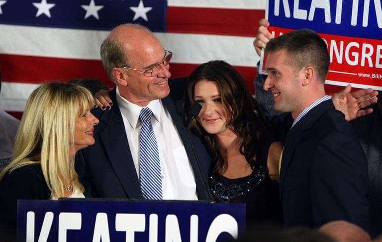 Democratic candidate for the 10th Congressional District, Bill Keating, celebrates his victory with his wife, Tevis, left, his daughter, Kristen, and his son, Patrick, in Quincy, Tuesday. (AP)