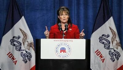 Former Alaska Gov. Sarah Palin speaks during the Republican Party of Iowa&#039;s Ronald Reagan Dinner in September in Des Moines, Iowa. (AP)