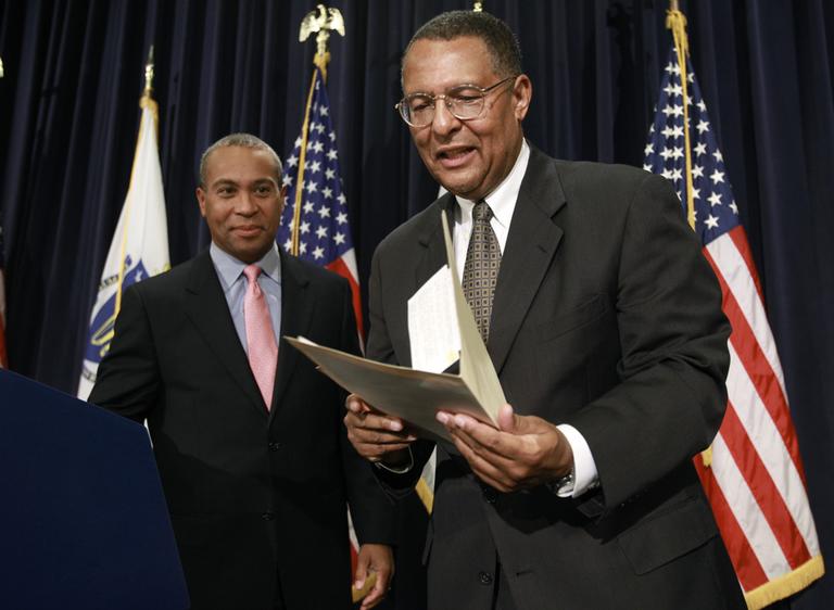 Gov. Deval Patrick, left, and Massachusetts Supreme Court Associate Justice Roderick Ireland at a news conference announcing Ireland's nomination as Chief Justice of the court. (AP)