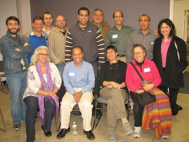 Members of the Muslim American Civic and Cultural Association and Temple Hillel B’nai Torah. (Martha Bebinger/WBUR)