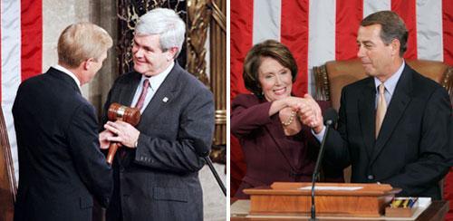 Left: Newly elected House Speaker Newt Gingrich, right, with House Minority Leader Richard Gephardt, Jan. 4, 1995. Right: Newly elected Speaker of the House Nancy Pelosi, with House Minority Leader John Boehner, Jan. 4, 2007. (AP)