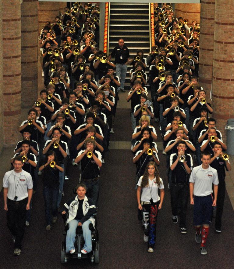 The 550 members of Allen's marching band can barely squeeze through its halls. (Karen Given/WBUR)