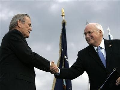 Defense Secretary Donald H. Rumsfeld, left, shakes hands with Vice President Dick Cheney at the Pentagon in 2006 photo. (AP)