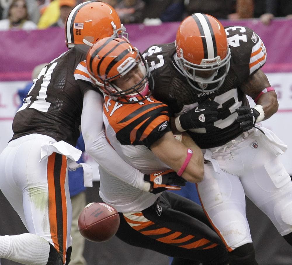 This hit left the Cincinnati Bengals&#039; Jordan Shipley (center) with a concussion, and the Cleveland Browns&#039; T.J. Ward (right) with a fine.  (AP)