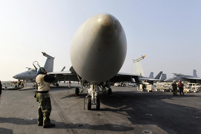 A U.S. Navy F/A-18 Super Hornet fighter attack aircraft sits on the deck of the USS George Washington during a joint military exercise off South Korea&#039;s West Sea on Monday. (AP)