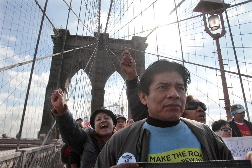 A coalition of Latino workers and leaders march over New York&#039;s Brooklyn Bridge against a Department of Corrections policy to &quot;funnel&quot; illegal immigrants into the Immigration and Customs Enforcement (ICE) detention and deportation program. (AP)