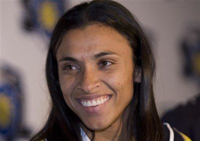 Marta speaks to reporters in Los Angeles at a 2009 press conference. The Women&#039;s Professional Soccer League MVP is now a free agent after her team, the FC Gold Pride, folded on Tuesday. (AP Photo/Hector Mata) 