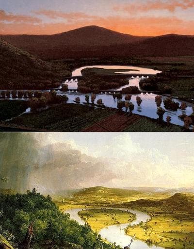 Paintings by two different artists of the oxbow on the Connecticut River in Northhampton, Massachusetts. Top photo: Stephen Hannock, Metropolitan Museum of Art. Bottom photo: Thomas Cole.