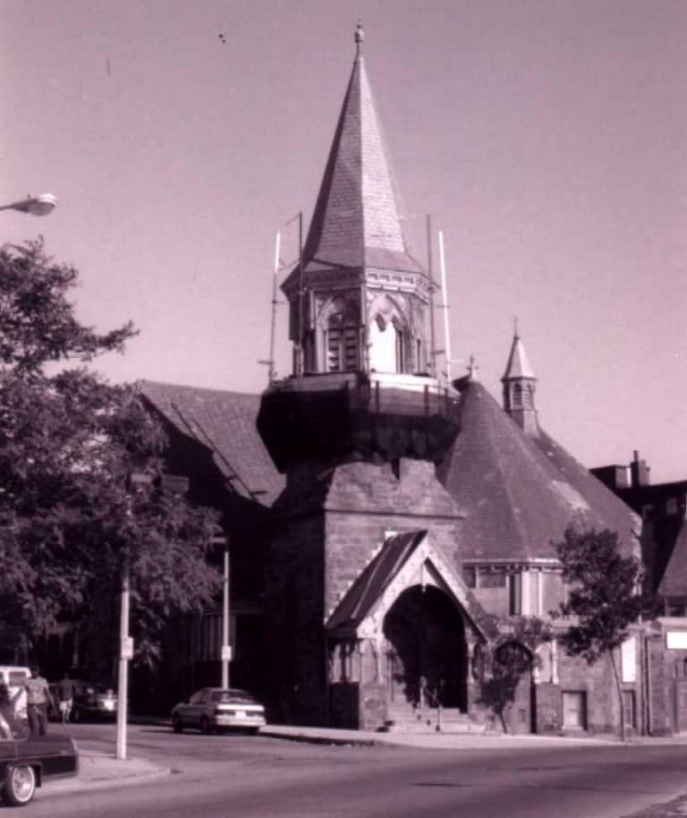 Roxbury Presbyterian Church before restoration &mdash; date unknown (Historic Boston Inc.)