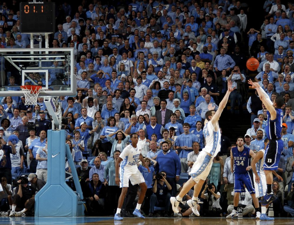 One of college basketball's great rivalries lived up to it's billing again this week. No. 10 Duke topped No. 5 North Carolina when Austin Rivers (r) nailed a three-pointer at the buzzer. (AP)