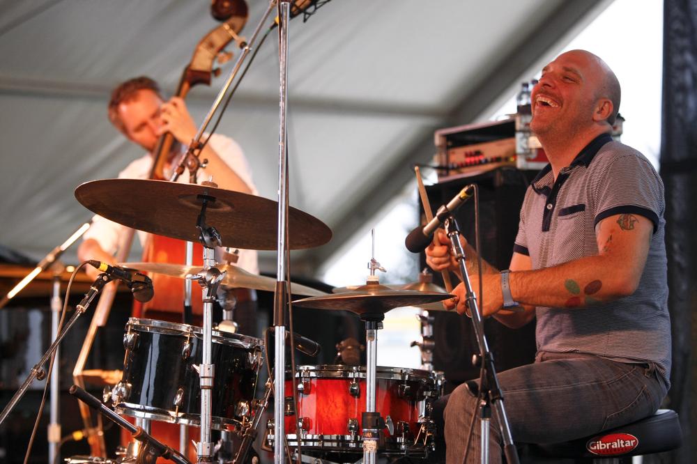 Drummer David King and bassist Reid Anderson of The Bad Plus perform at George Wein's Carefusion Newport Jazz 55 in Newport, R.I.  (AP)